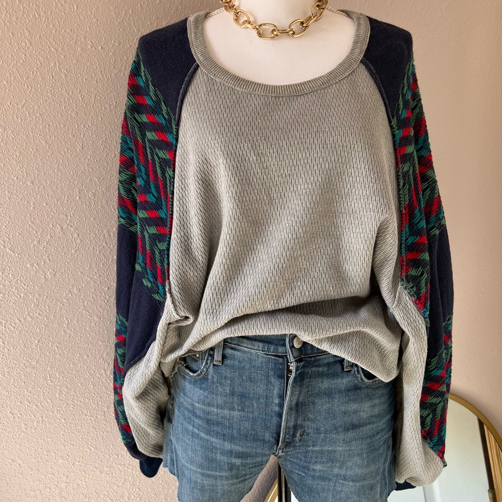 Free People Sage Waffle Knit Pullover with Navy Plaid Raglan Sleeves
